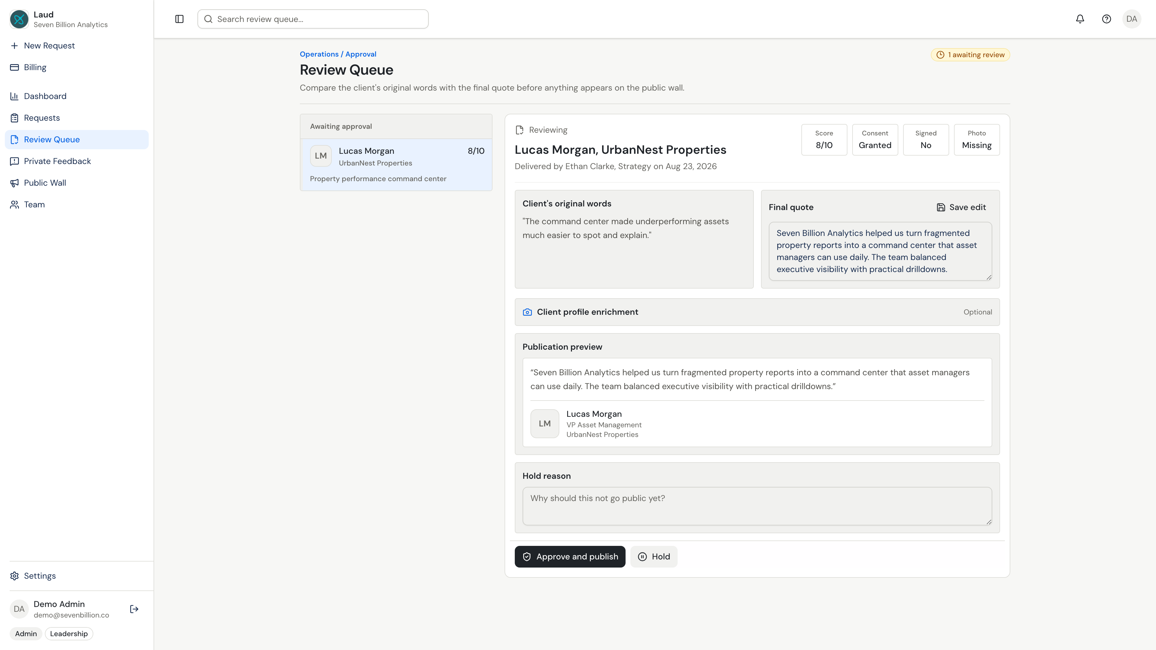 Laud testimonial review screen
